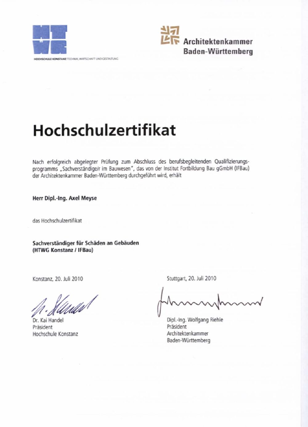 Hochschulzertifikat: Sachverständiger für Schäden an Gebäuden