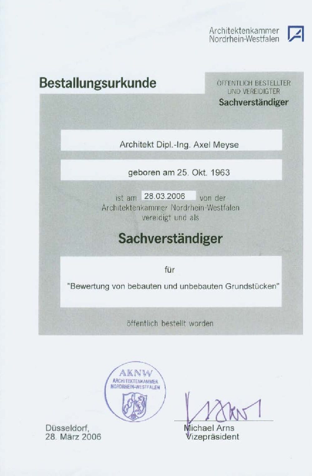 Bestallungsurkunde: öffentliche Bestellung und Vereidigung zum Sachverständigen