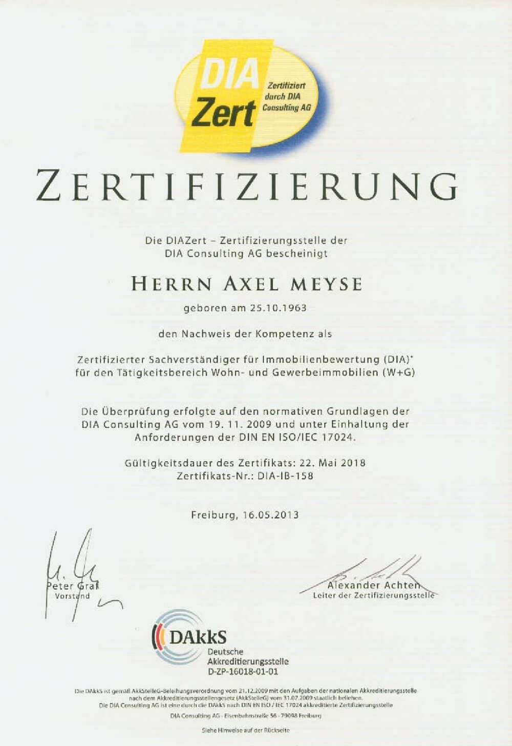 DIAZert-Zertifizierung: Zertifizierter Sachverständiger für Immobilienbewertung (Nr. DIA-IB-158)
