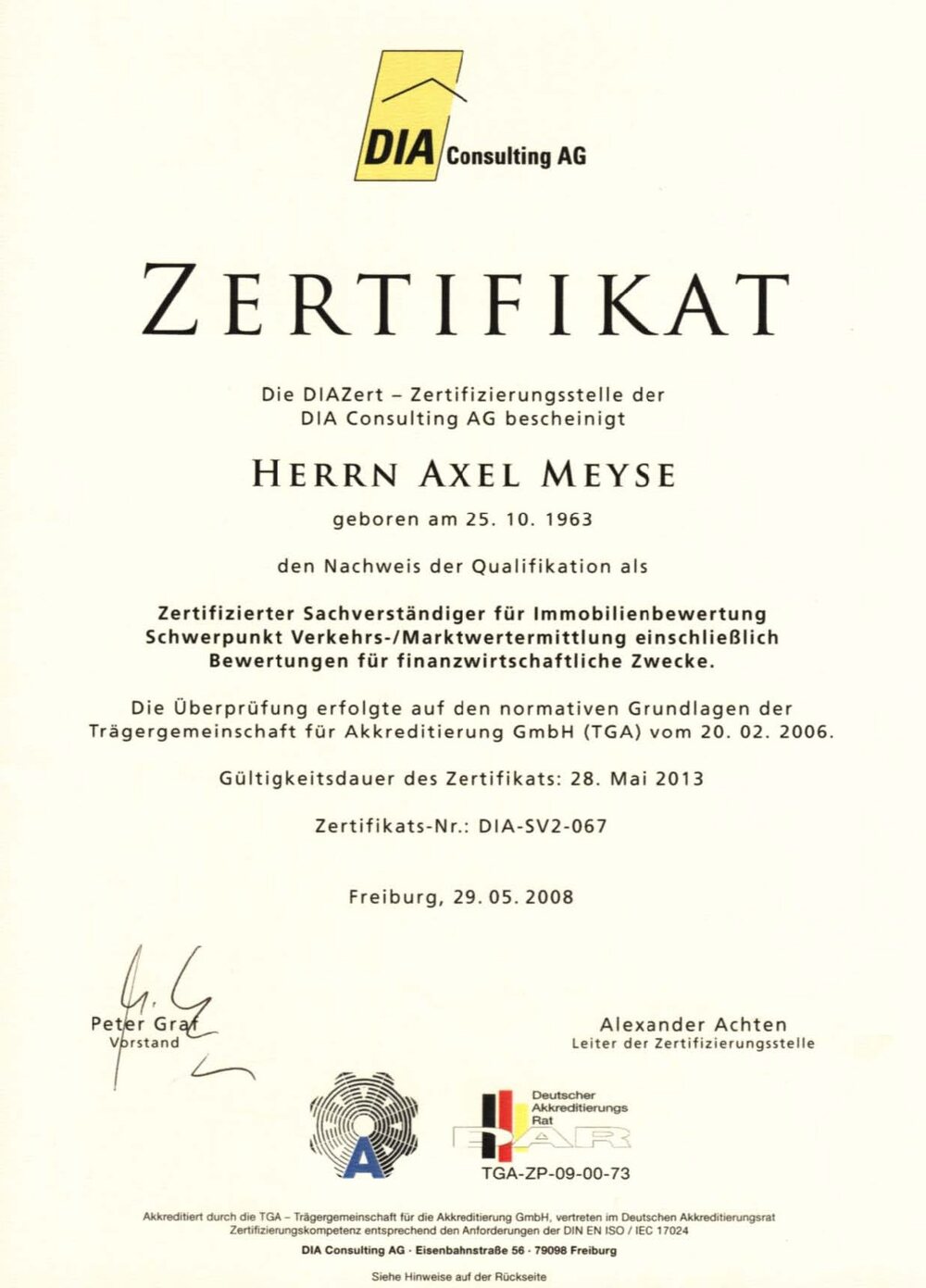 DIA-Zertifikat: Zertifizierter Sachverständiger für Immobilienbewertung (Nr. DIA-SV2-067)